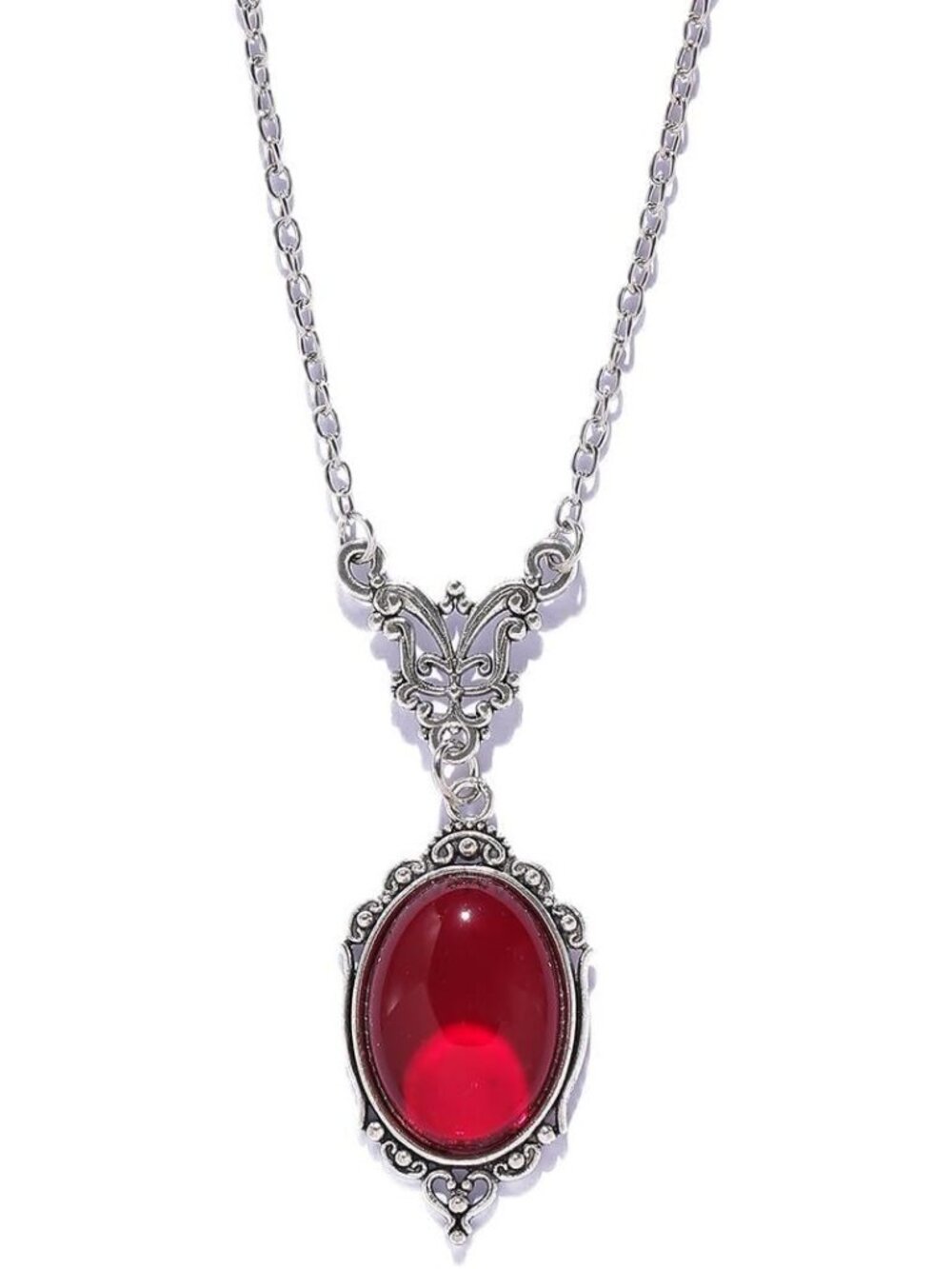 Women's Red Vintage Oval Stardust Crystal Cameo Pendant Vampire Goth Necklaces